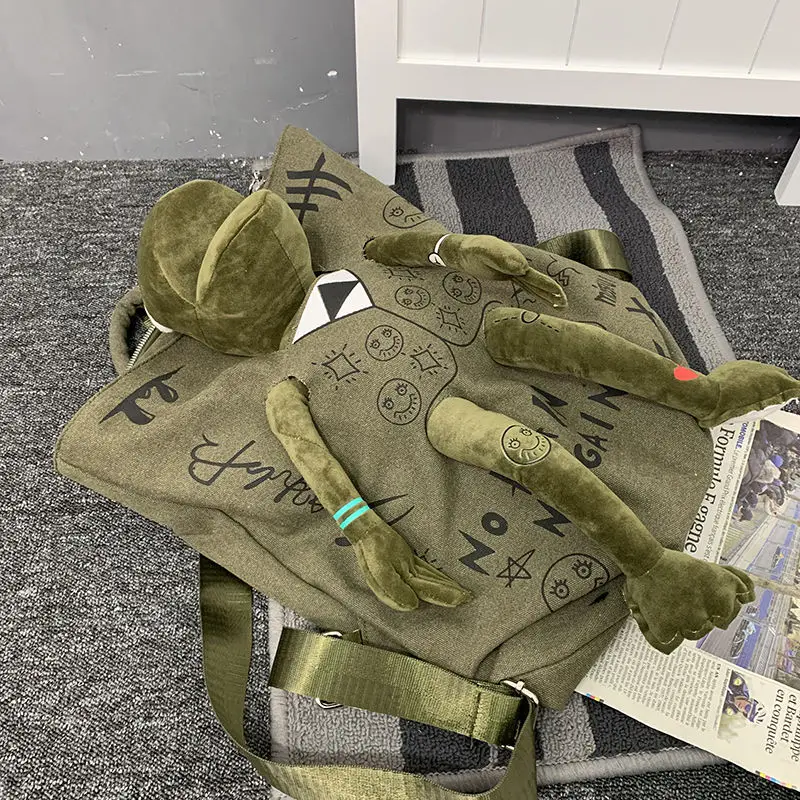 Men's Trendy Cool Graffiti Canvas Backpack Man Original Street Fashion Frog Doll School Bag Unisex Casual Backpack