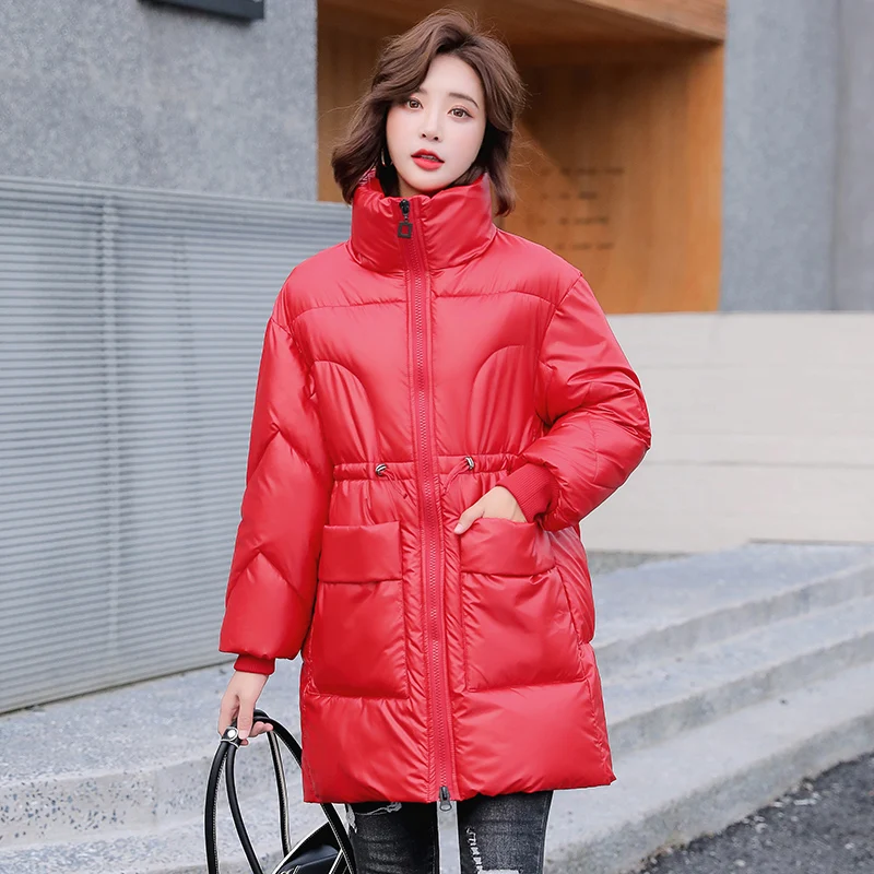 Solid Casual Long Women Winter Parkas Stand Collar Glossy Thick Down Cotton Coat Ladies Shiny Zipper Puffer Jacket with Pockets