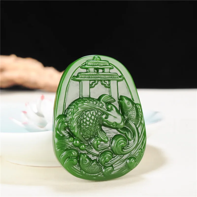 

Chinese Natural Green Jade Carp Pendant Necklace Hand-carved Charm Jadeite Jewelry Fashion Amulet Gifts for Men Women