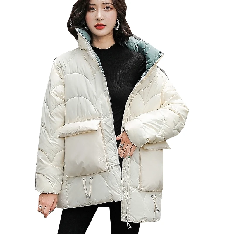 Парка женская зимняя однотонная на хлопковом наполнителе с большими карманами и