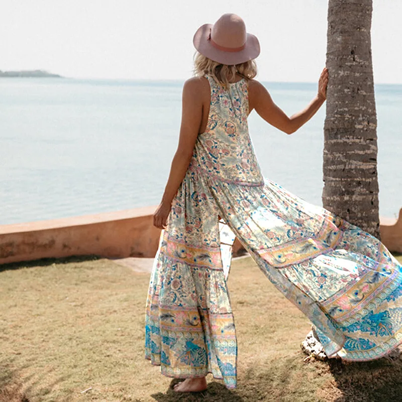 2020 Spring And Summer Chiffon Beach Vacation Casual Dress Female Print V-neck Bohemian Simple Temperament Long | Женская одежда