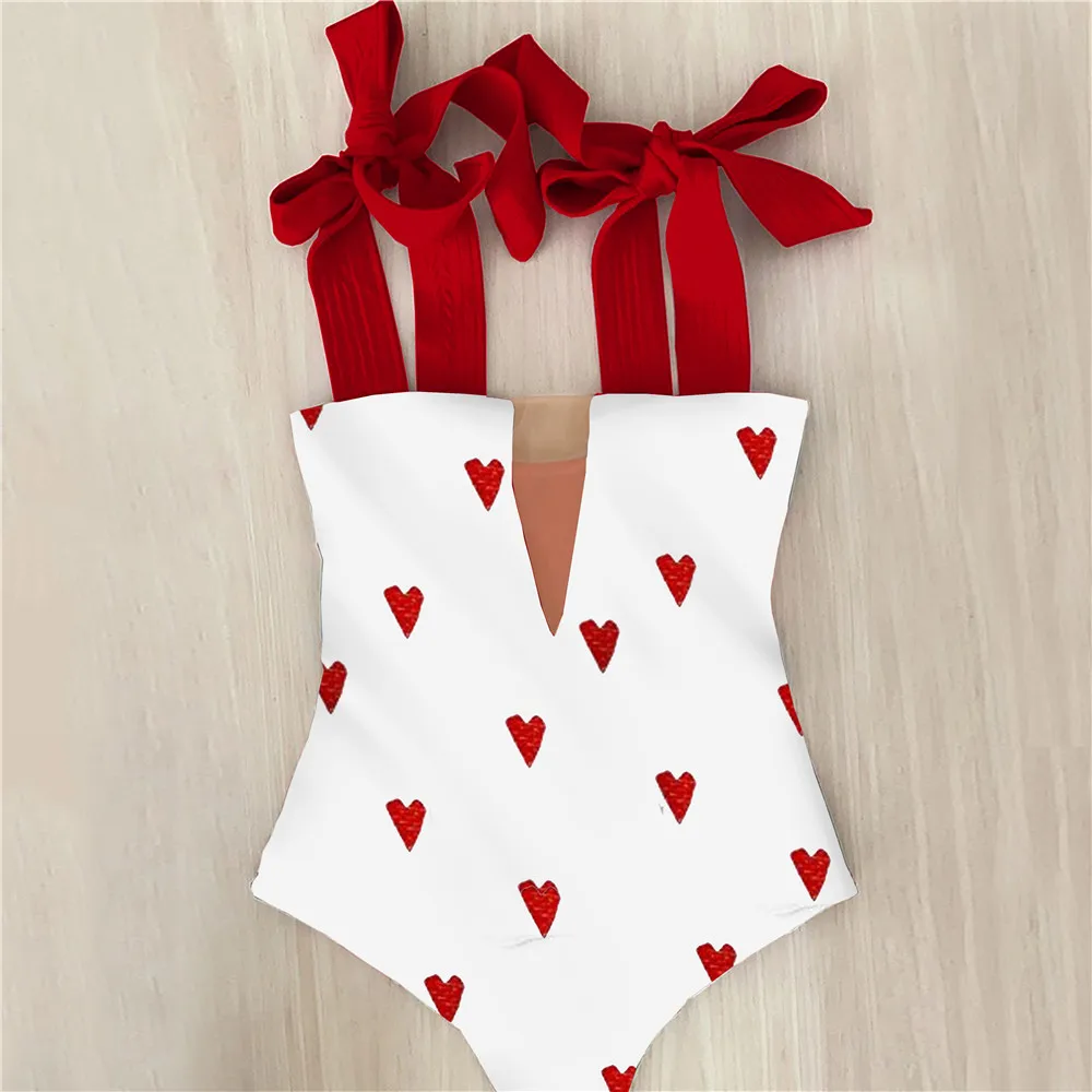 

2021 New Sexy One Piece Swimsuit Shoulder Strappy Swimsuit Heart print Swimwear Women Backless Bathing Suit Beach Wear Monokini