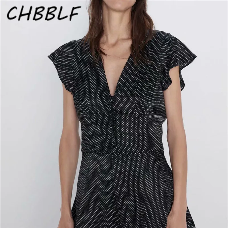 

CHBBLF women retro ruffled dot print playsuits V neck short sleeve vintage female casual vintage jumpsuits mujer XDN8979