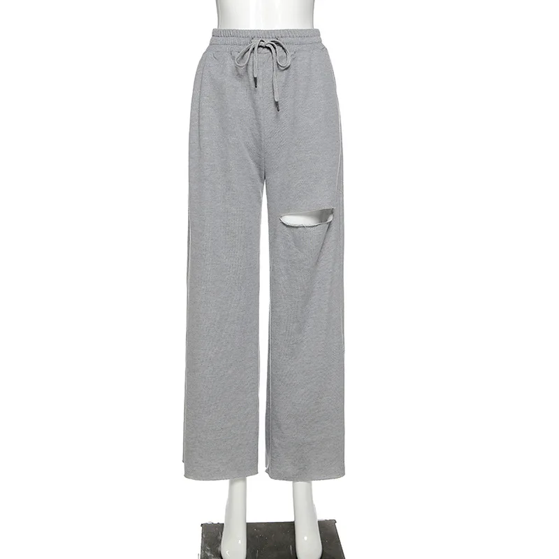 NCLAGEN Women Pants Streetwear Fashion Hole Loose Casual Straight Trousers Woman Jogger Pantalons Grey Sudadera Capris | Женская одежда