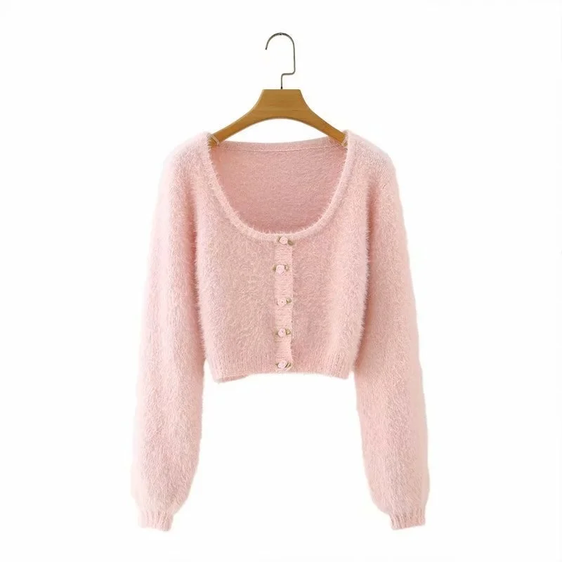

WLLWLP Autumn Knitwear Women Fashion Trend Square Collar Plush Short Sweater Long Sleeve Single Breasted Slim Cardigan A231