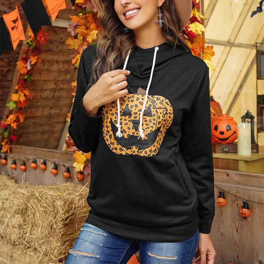 

2021 Women Oversized Hoodies Harajuku Sweatshirts Wram Long Sleeve Kawaii Clothes Anime Cowl Neck Pumpkin Print Halloween Hoodie