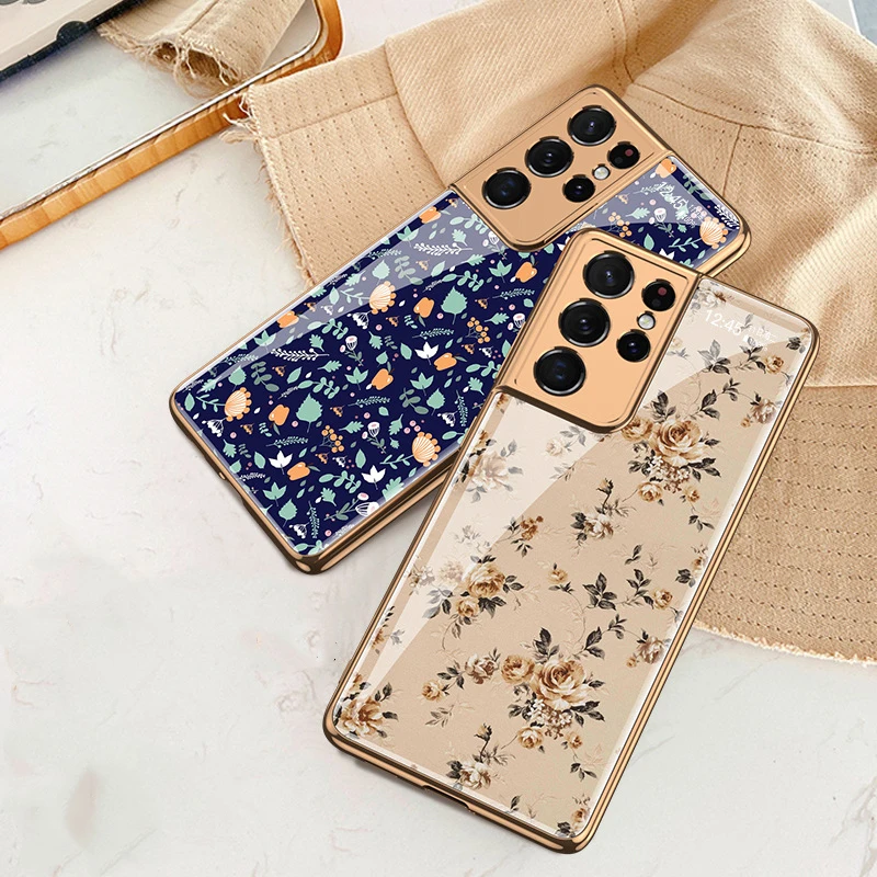

For Samsung Galaxy S21 Plus Case Plating Flower Pattern Glass Hard Cover For Samsung Galaxy S21 Ultra 5G Soft TPU Edge