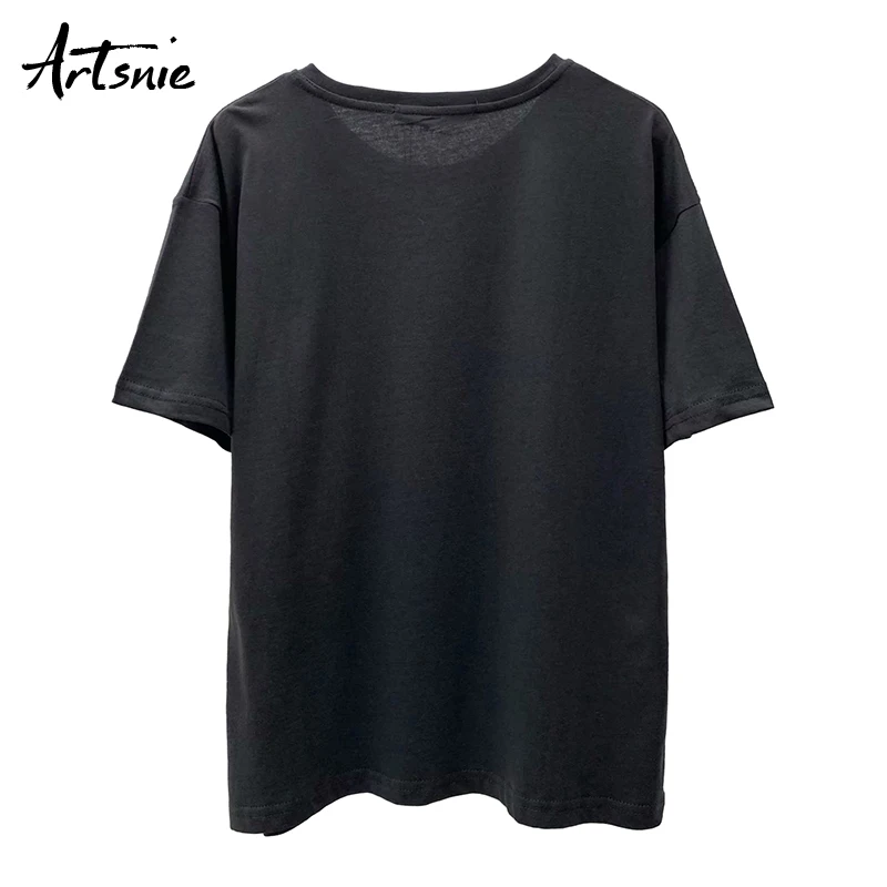 Artsnie summer 2020 cartoon print women t shirt o neck short sleeve tops female streetwear casual black gray t-shirt mujer | Женская