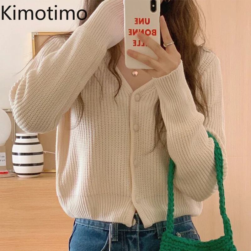 

Однотонный вязаный кардиган Kimotimo, женский корейский шикарный простой свитер с V-образным вырезом, пальто, Осенние новые повседневные коротк...