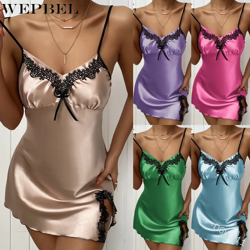 

WEPBEL Women Sexy Lace Strap Lingerie Dress Ladies Sleeveless Halter V Neck Summer Sleepwear Homewear