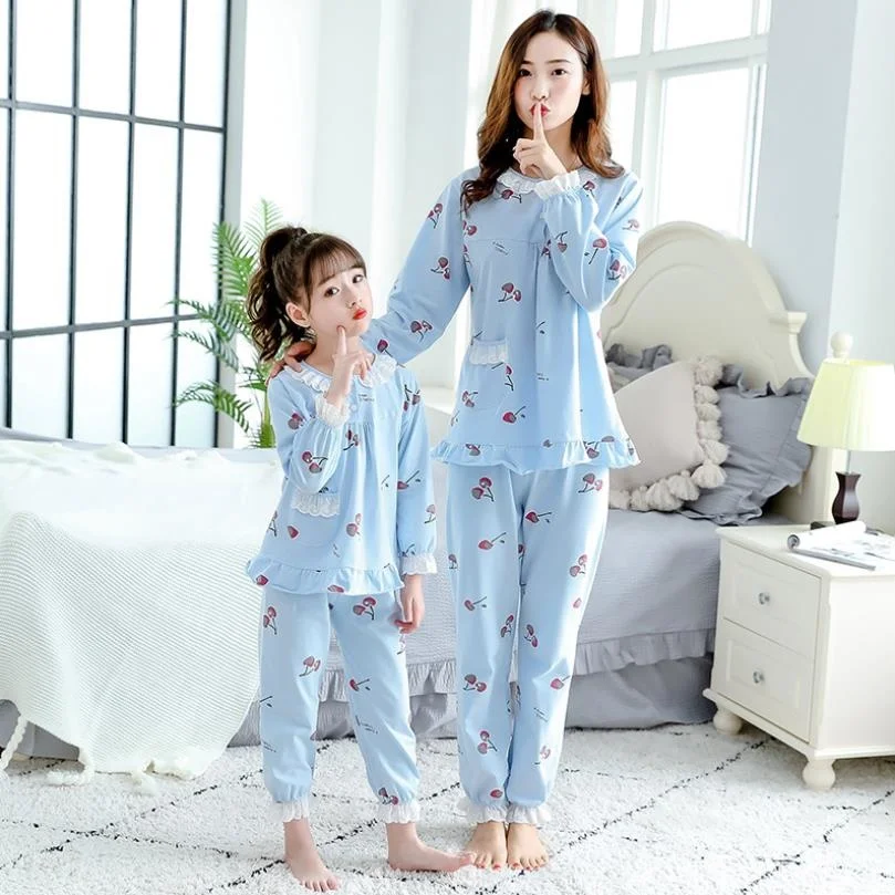 

Family Matching Clothing Mother Daughter Pajamas Sets Lace Print Cotton Parent-Child Outfit Sleepwear Pyjamas For Girl A260