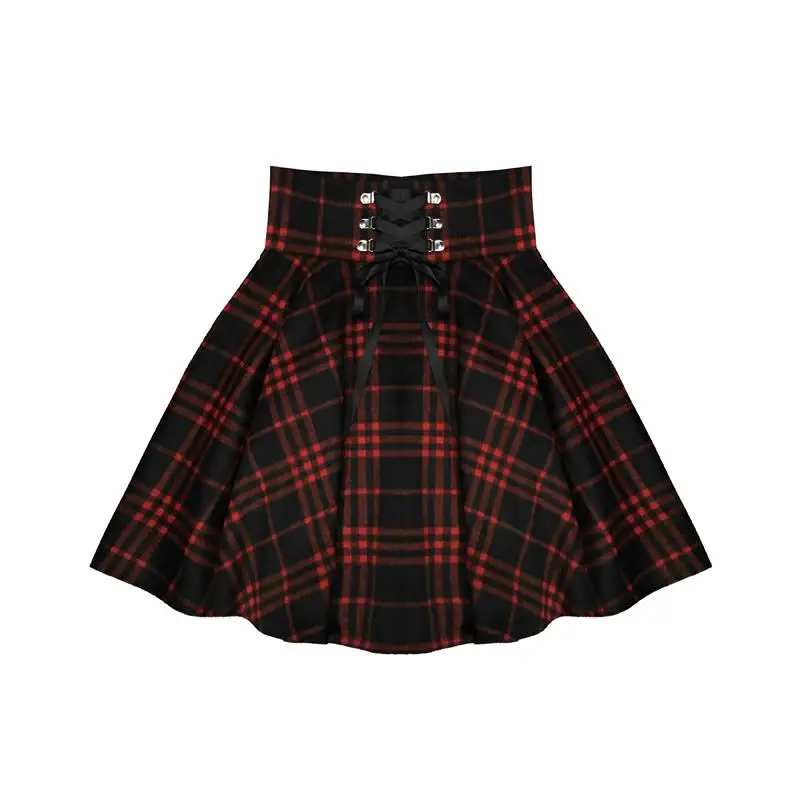 

Gothic Skirt Women 2020 Spring Autumn Winter High Waisted Lace-up Short Plaid Wool Skirts
