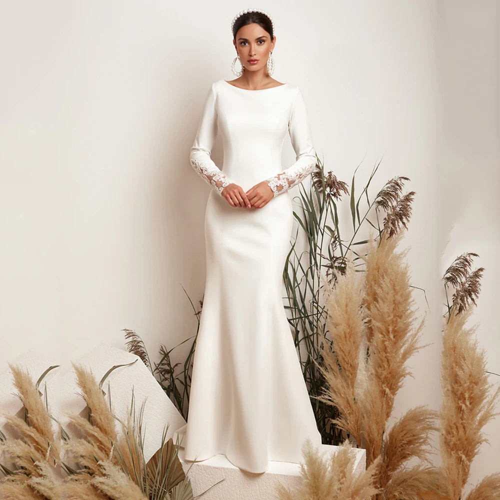 

UZN Elegant Wedding Dress Scoop Neckline Mermaid Satin Bridal Gown Lace Appliques Long Sleeves Wedding Gowns