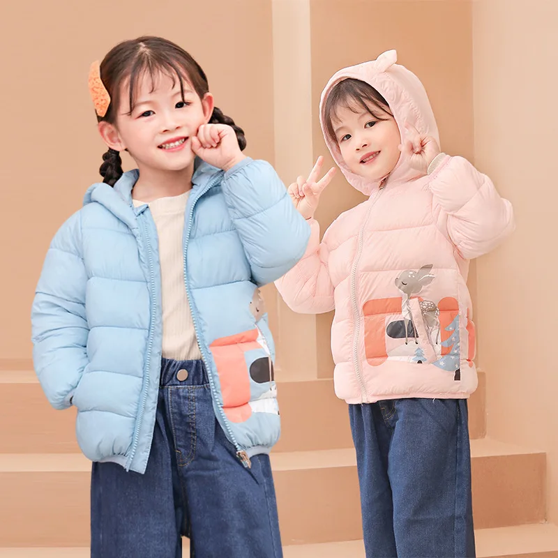 

Пуховик с капюшоном для девочек, новинка 2021, детские куртки с хлопковой подкладкой и милым мультяшным рисунком для девочек на осень и зиму, д...