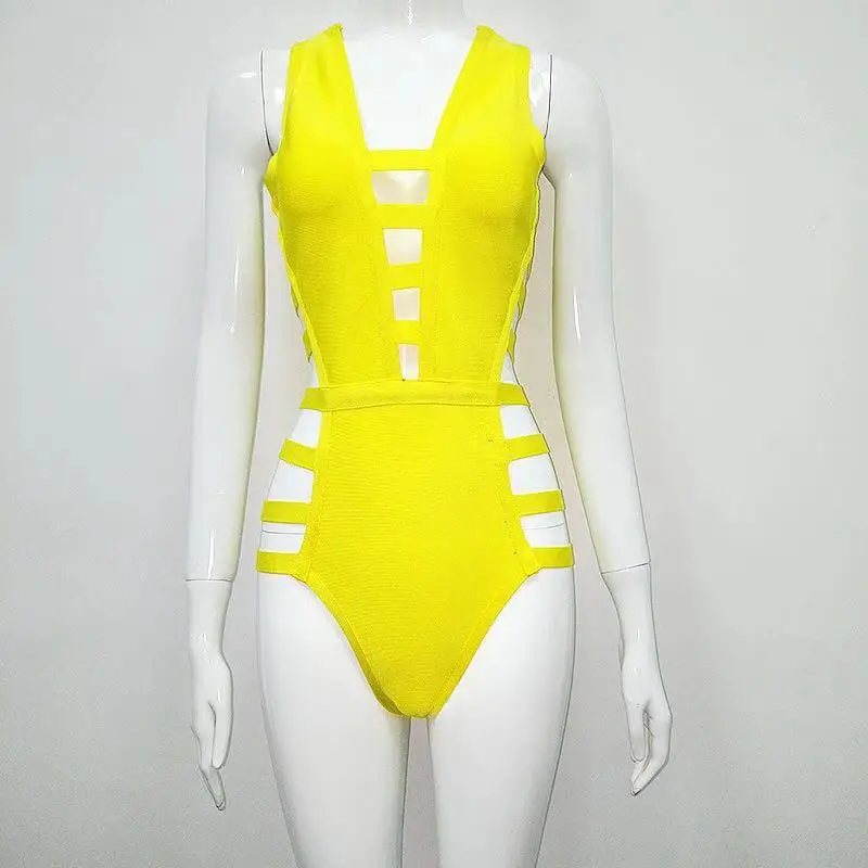 Summer Sexy Deep V Neck Red BlackYellow Purple White Bandage Bodysuit Cut Hollow Out Backless Lady Bodycon Bodysuits Beachwear