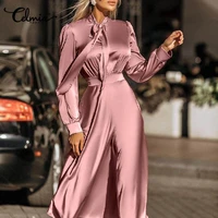 celmia elegant women dress satin bowknot long sleeve casual commute maxi robes 2022 fashion pleats solid party long vestido robe