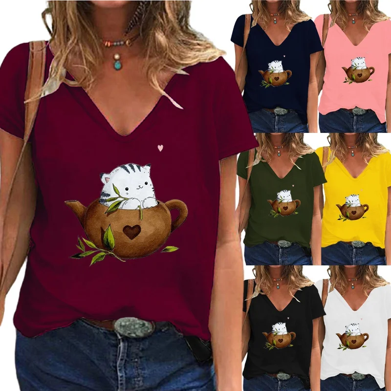 

New Arrival Womens Summer Fashion Casual Cartoon Printed Short Sleeve V-Neck T-shirt Loose Graphic Shirt Plus Size Blouse Tops