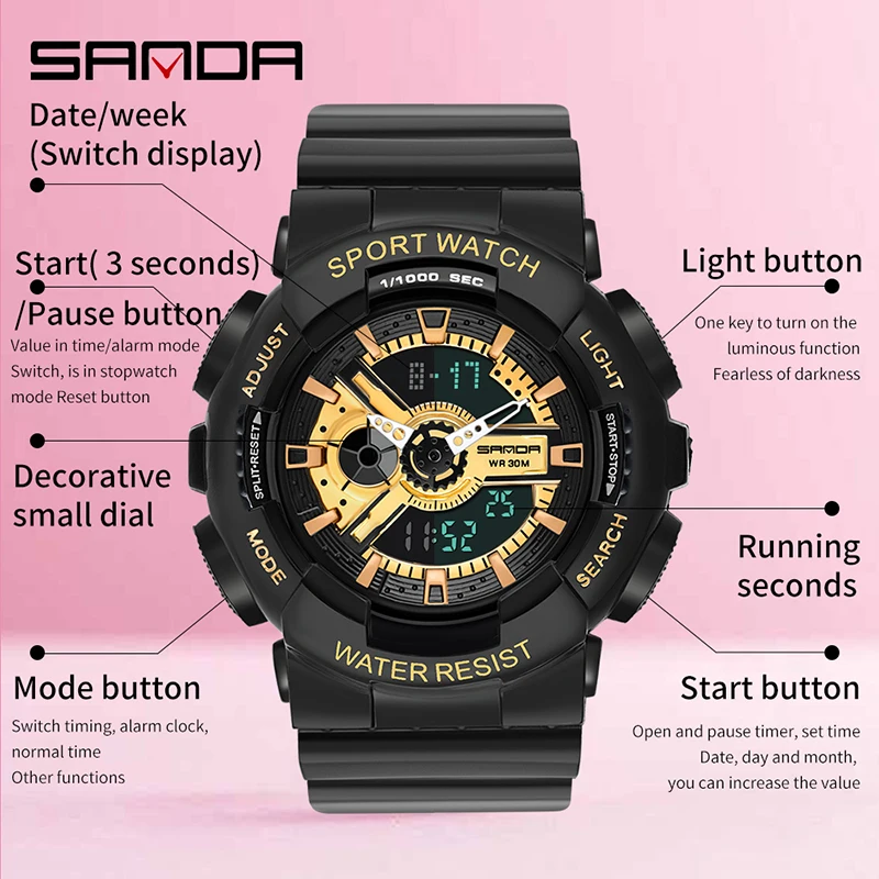 SANDA Women Dual Display Watch Fashionable Multifunctional Luminous HD LED Digital Scale 30M Waterproof Womens Sports Watches enlarge