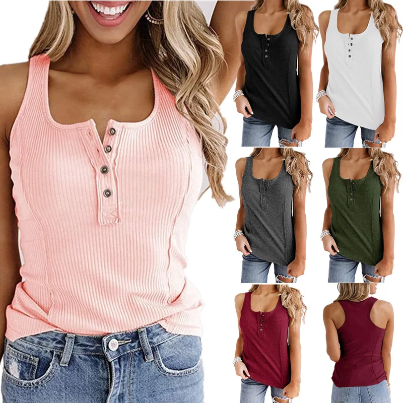 

Sleevless Female T Shirt Summer Button Casual Ladies Tops Sexy Slim Fit Solid Color Tee Lady Top 6 Colors Y2148A