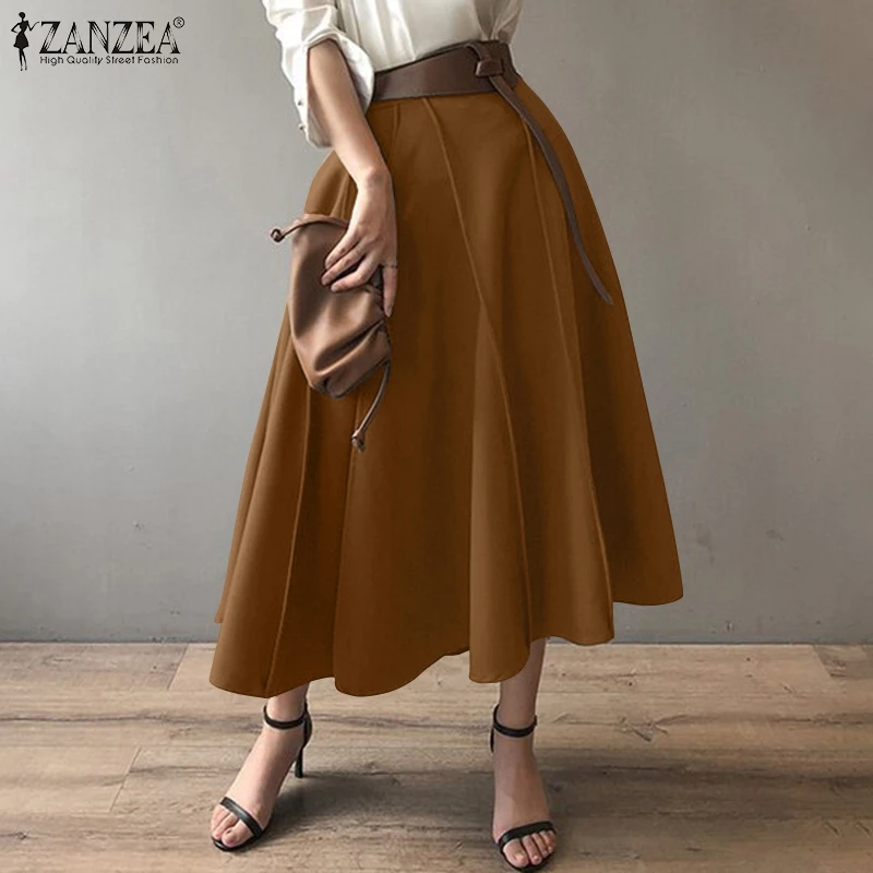 

ZANZEA Vintage Office Lady Women's Skirts 2022 Spring Autumn A-line Maxi Long Skirts Oversized Casual Solid High Waist Bottoms