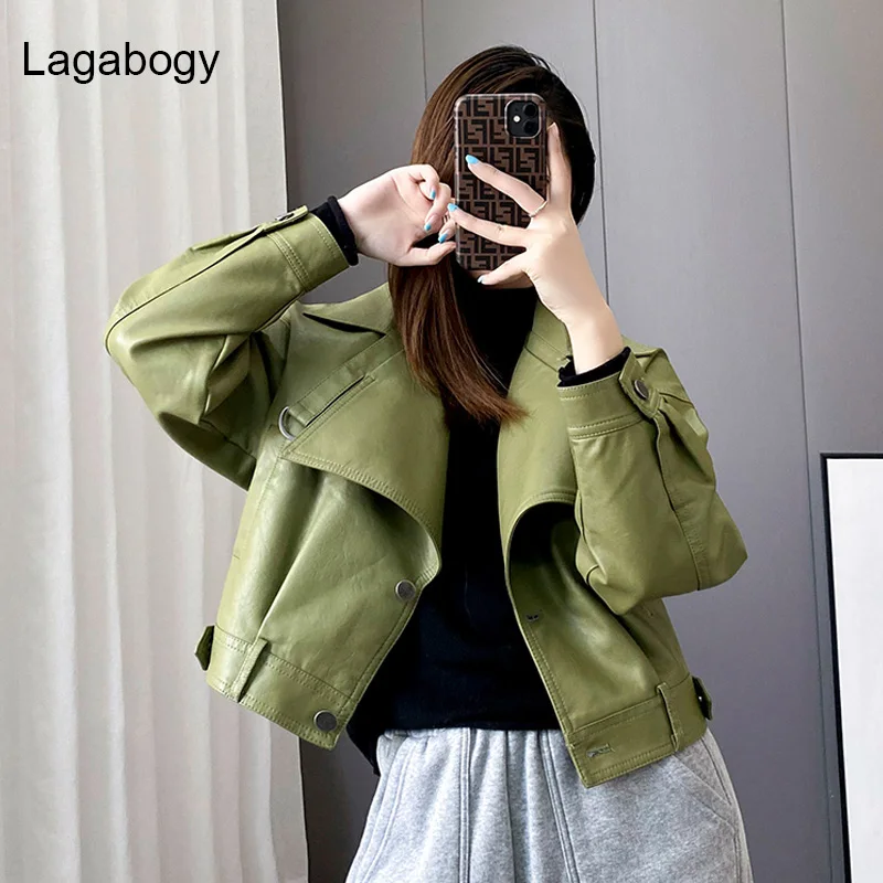 

Lagabogy New Spring Autumn Women PU Leather Jacket Vintage Style Coat Female Short Motor Biker Jacket Loose Army Green Outwear