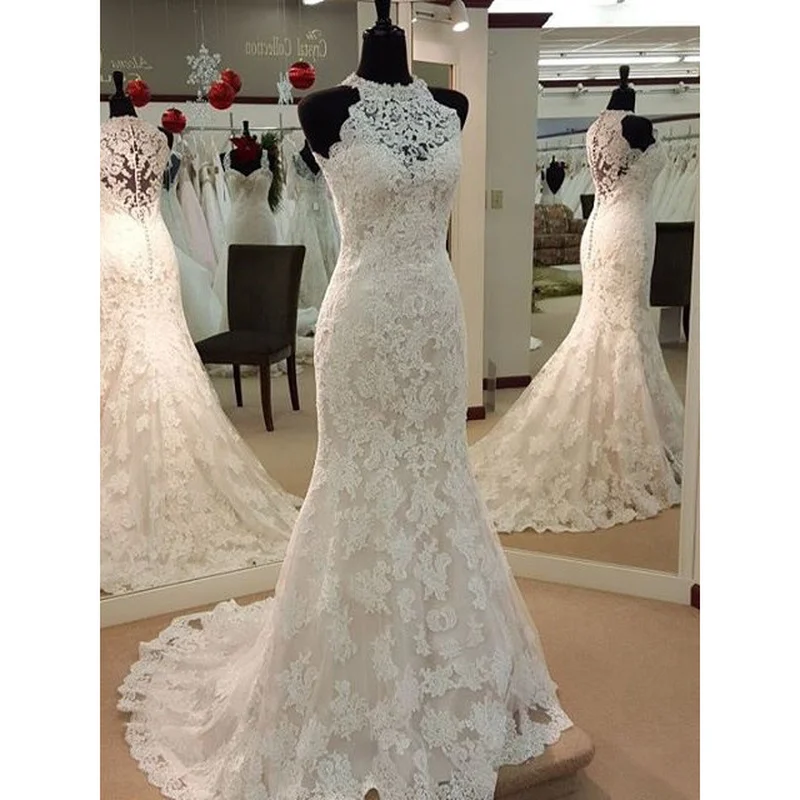 

Robe De Mariee Mermaid Lace Wedding Dress Sleeveless Halter Bride Dress Beading Court Train Bridal Gowns Vestido De Noiva