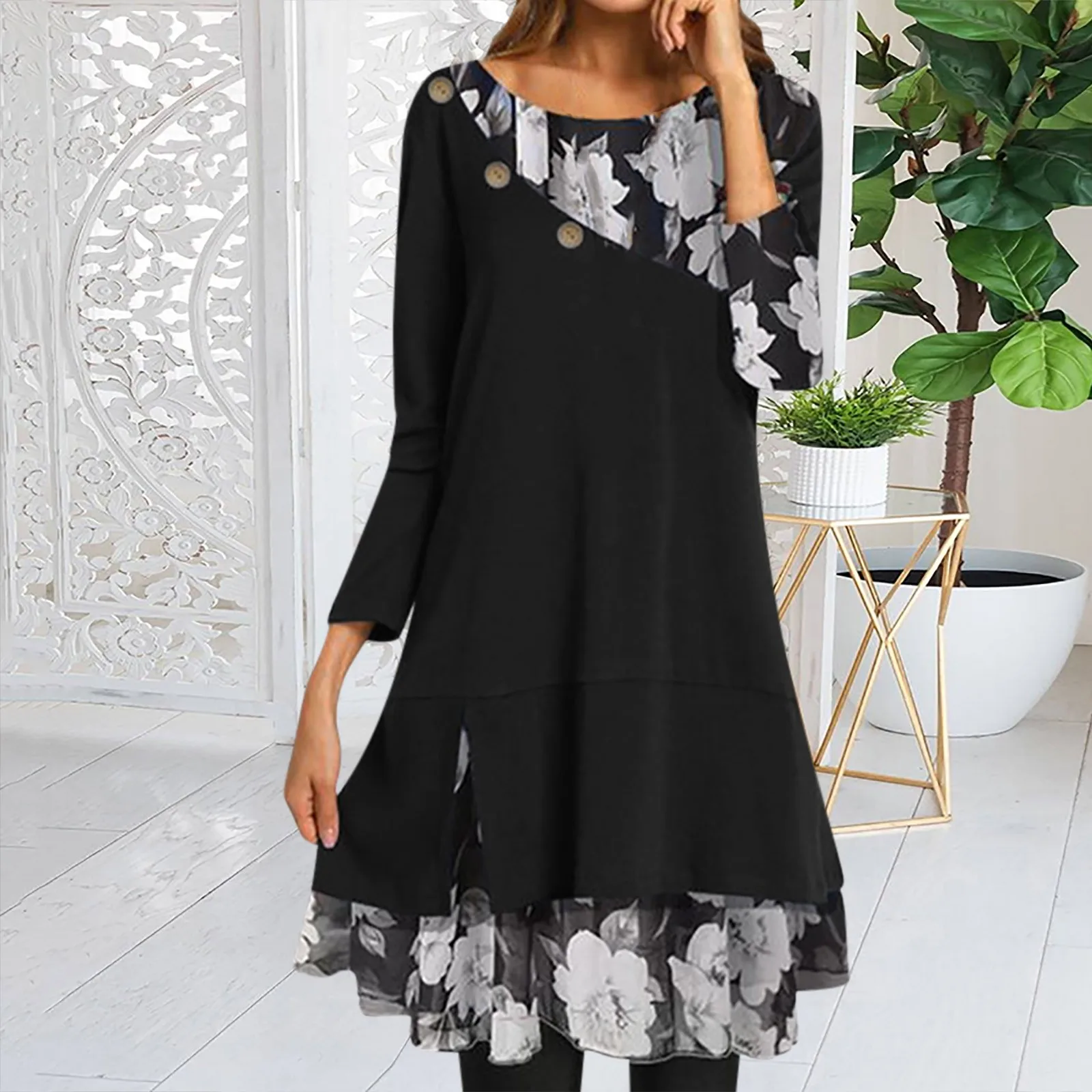 

2021 Autumn Floral Print Patchwork Midi Dress For Women Casual O-Neck Dress Long Sleeve Button Female Dress robe femme