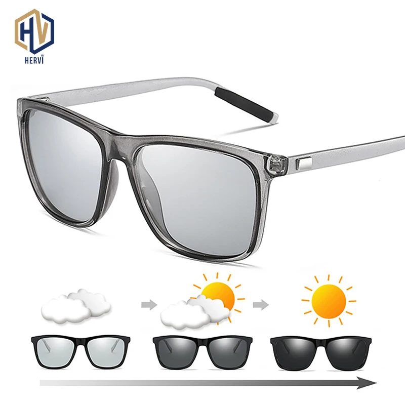 

Color Change Grey Frame Photochromic Polarized Sunglasses Men Square Classic Chameleon Glaases Transition Lens Eyewear