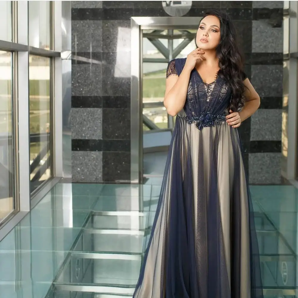 

Женское вечернее платье трапециевидной формы Nave синего цвета с v-образным вырезом размера плюс, вечерние платья с кружевной аппликацией и п...