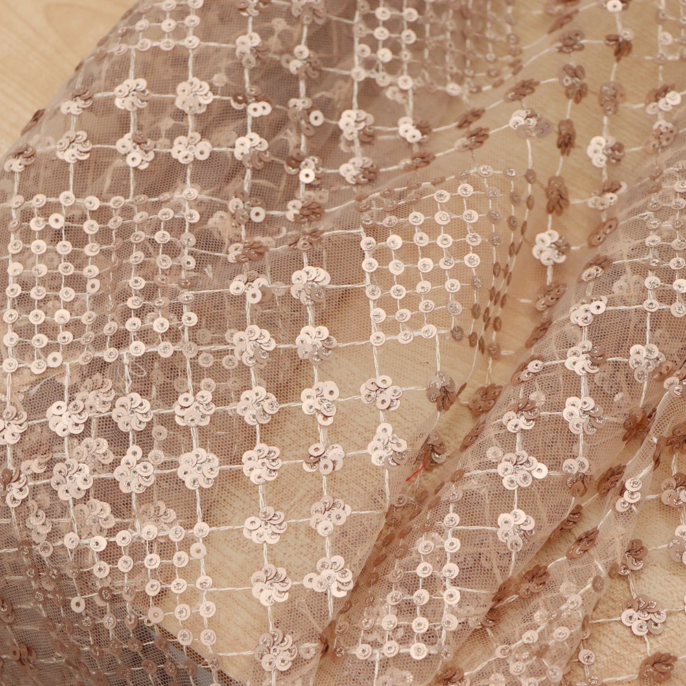 

Quality gauze fabric Three dimensional embroidery with copper gold sequins tissu High grade wedding dress accessories material