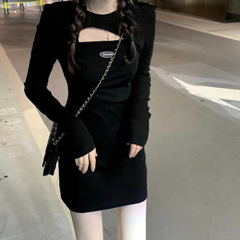 

2021 Autumn New Women's Dress Fashion Sexy Hollow Black Korean Version Of Sweet And Cool Tight-fitting Thin Bag Hip Skirt