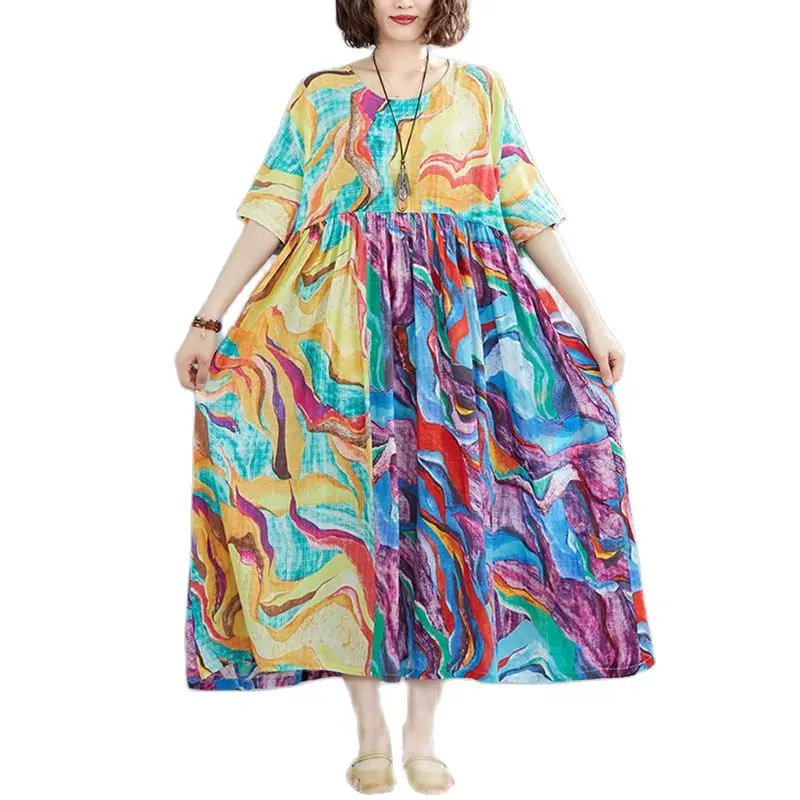 

ARCSINX Abstract Print Women's Dress Large Size 4XL 3XL Fashion Boho Dresses For Women Short Sleeve Cotton Dress Woman Oversized