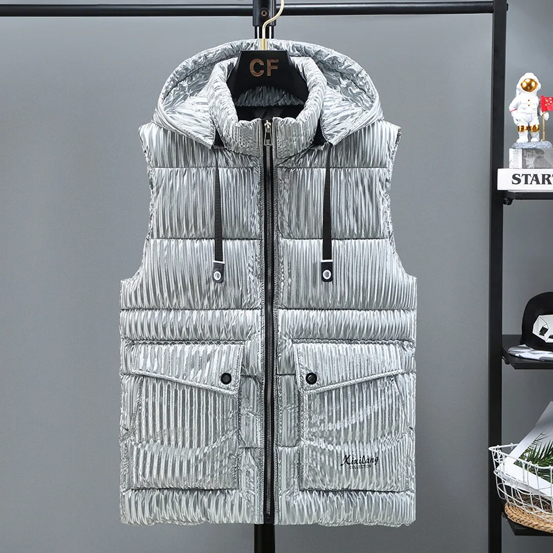 Мужской теплый жилет с блестящей поверхностью #3627 черный серый серебристый