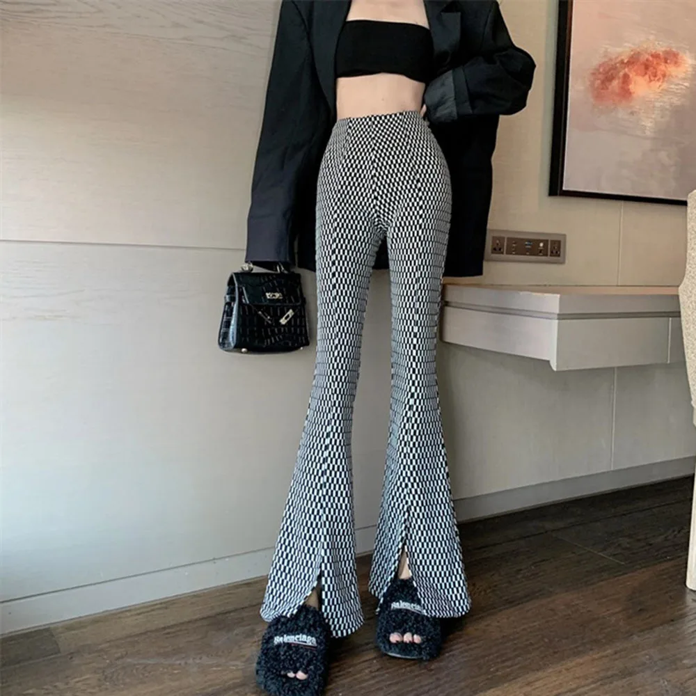 

Fashion Micro-flared Pants Women's Spring Autumn 2022 New Casual Houndstooth Slit Wide-leg High-waist Drape Mopping Trousers