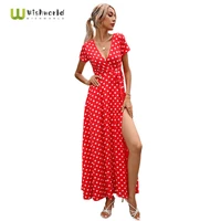 the nnew 2021 summer wave ppoint printing sexy v neck split dress fashion bohemian long dresses womens clothing
