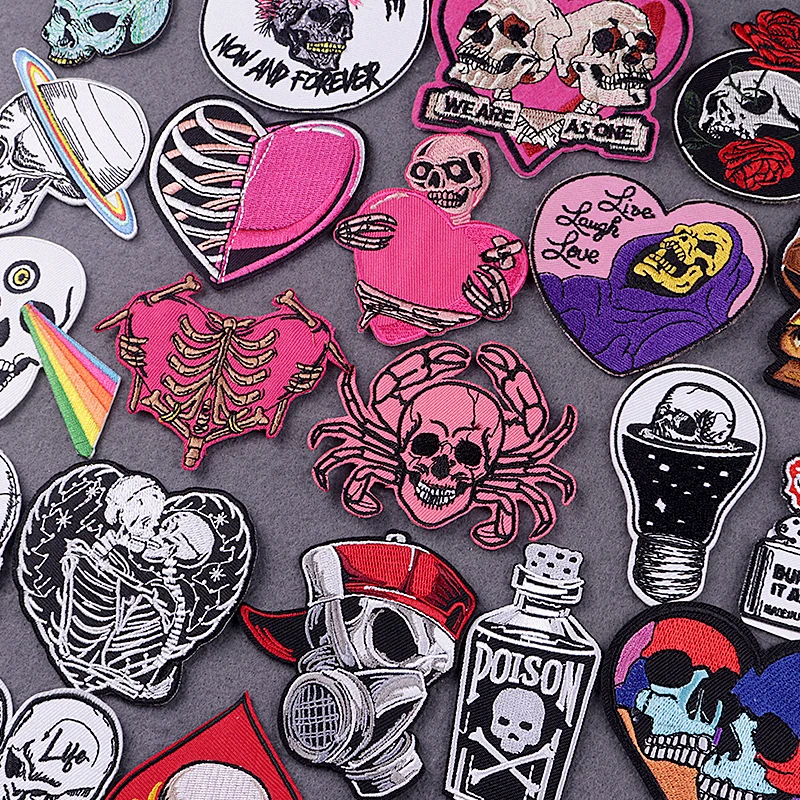 

Punk Skull Iron On Patches For Clothing Patch DIY Patches On Clothes Grim Reaper Embroidery Patch Stripes Applique Accessory