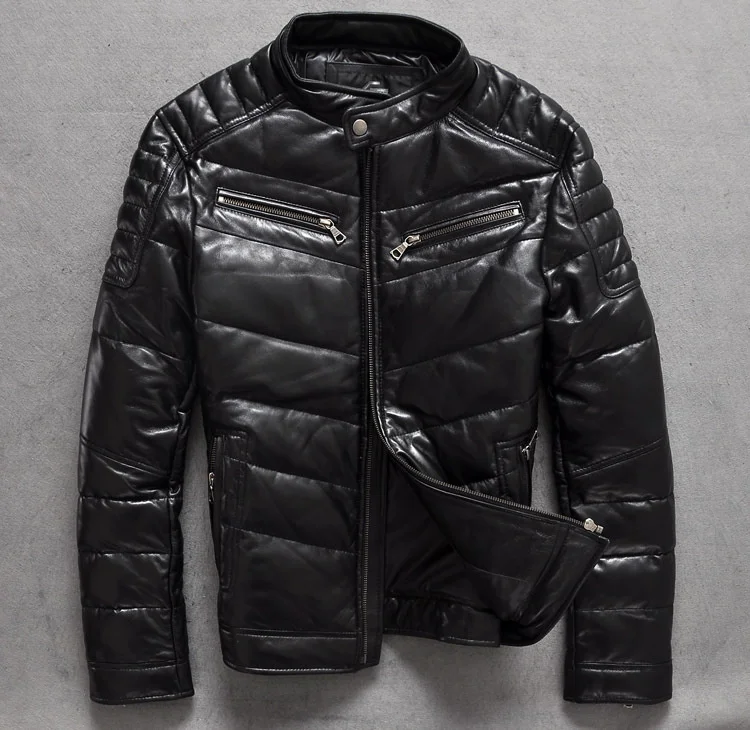 

Облегающий кожаный пуховик, Мужская модная брендовая короткая зимняя кожаная куртка, Мужское пальто из овчины, мужское пуховое пальто черн...