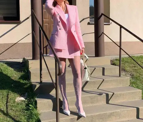 Женский костюм-двойка XEASY, розовый твидовый винтажный офисный двубортный Блейзер, облегающий костюм с юбкой с высокой талией, 2021