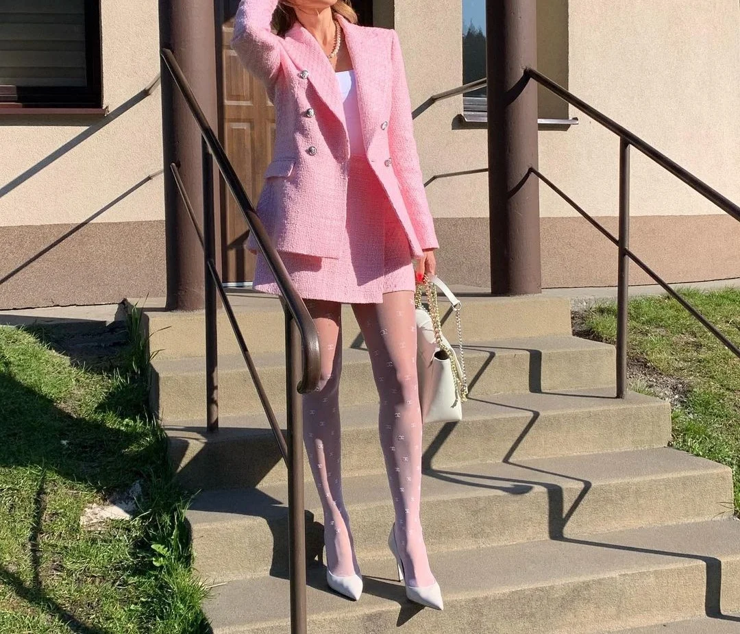 Женский костюм-двойка XEASY розовый твидовый винтажный офисный двубортный Блейзер