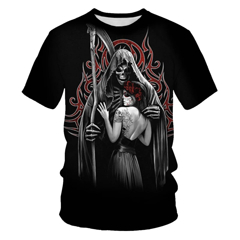 

Summer new style 3D printing skull O-neck black T-shirt fashion sports and leisure show skin color boys and girls tops 100-6XL