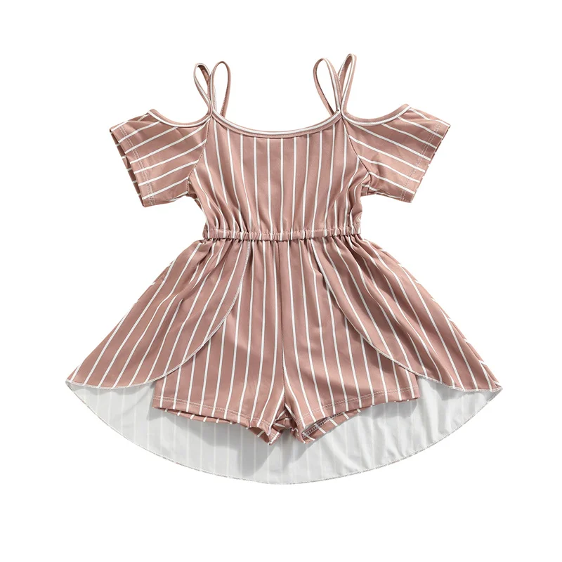 

Little Girls Casual Overalls, Dark Pink Stripe Printed Pattern Boat Neck Off Shoulder Short Sleeve Romper Dress, 1-6Years