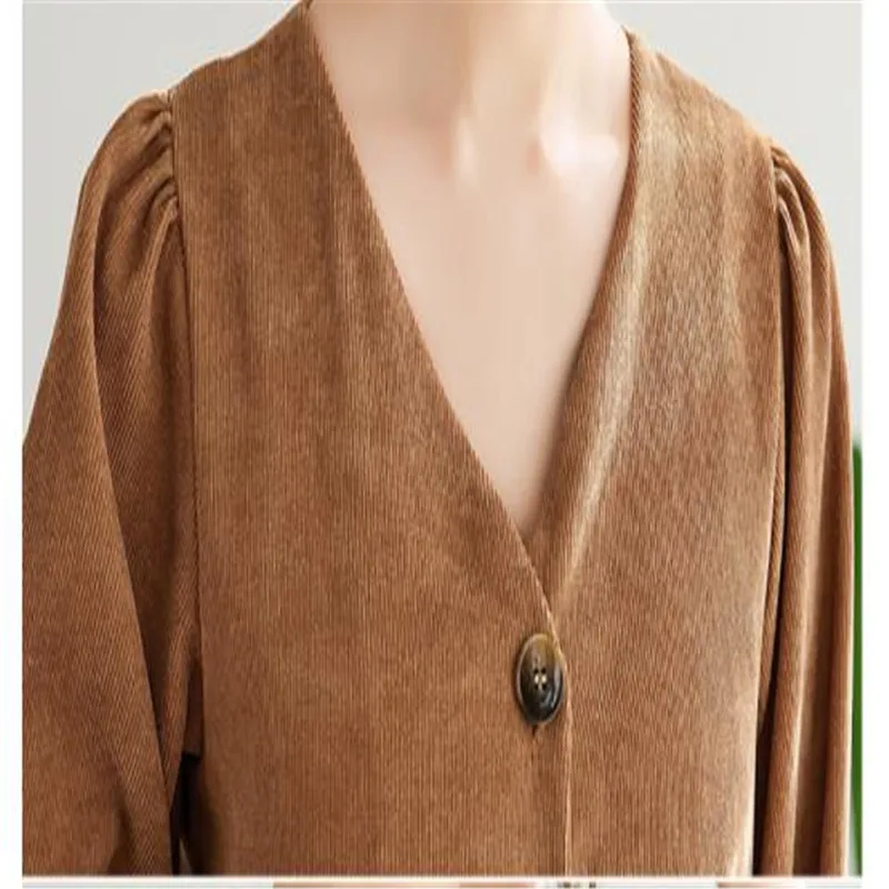 

Elegant Corduroy Women Dress Spring Autumn 2020 Vintage A-Line Dress Female Loose V-Neck Button High Waist Dress Feminina H387