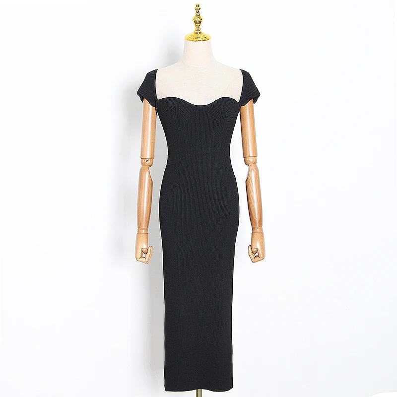 

TWOTWINSTYLE Vntage Slim Knitting Women Dress Square Collar Short Sleeve High Waist Midi Dresses For Female Fashion 2020 Clothes