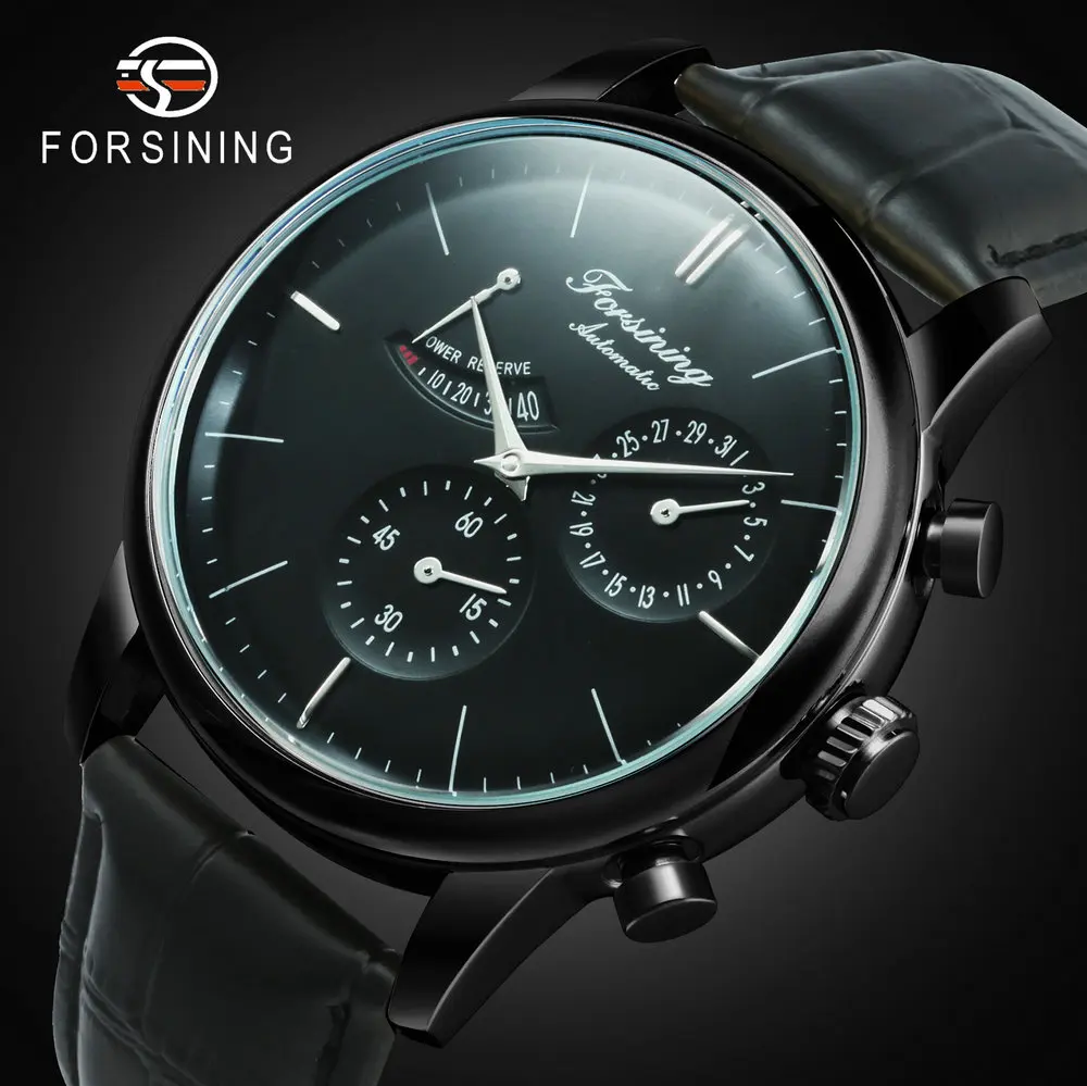 FORSINING крутые черные автоматические механические мужские часы с резервным