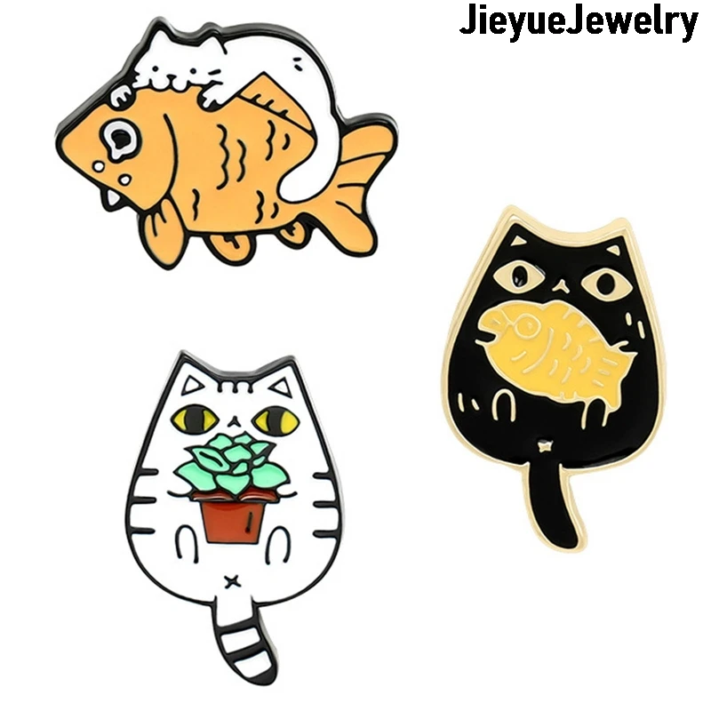 

1pc Black And White Fashion Cute Cats Cartoon Pattern Enamel Broochs Fish Potted Plant Lovely Pins Gift For Kids Girls Jewelry