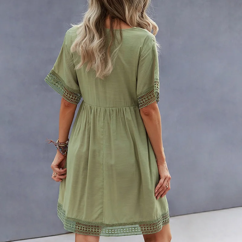 

Fashion dress for women's clothing 2021 V-neck hollow out sexy female elegant chic solid green A-line mini dress summer woman