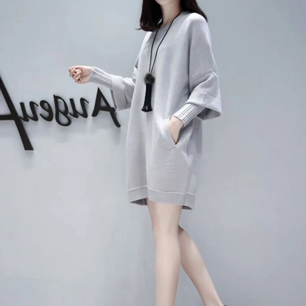 Knitted Women Dress Fashion O-Neck Fake Two-Piece Long Sleeve Pocket Pure Color Korean style Vestido LS*D | Женская одежда