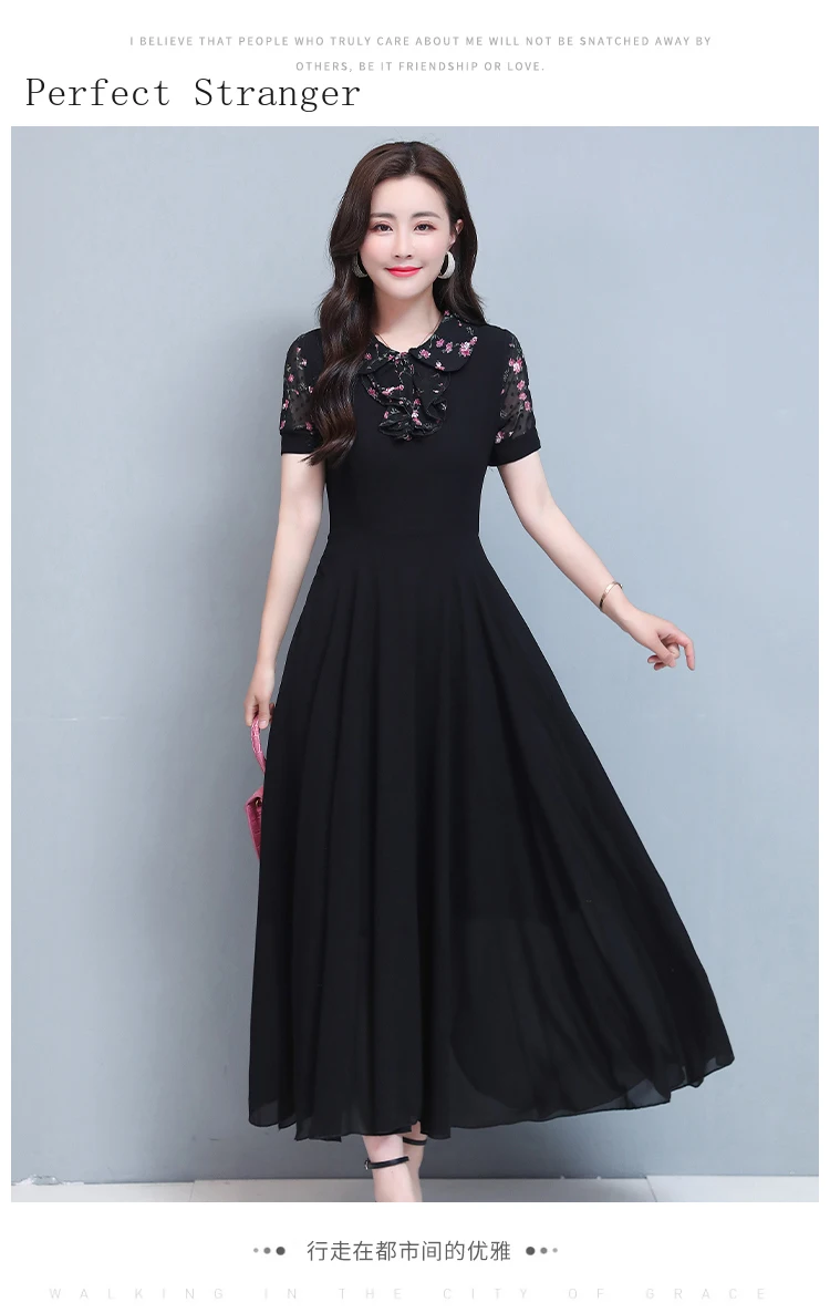 

2021 Summer New Arrival Elegant Peter Pan Collar Bow Collar Short Sleeve Women Long Chiffon Dress M-3XL