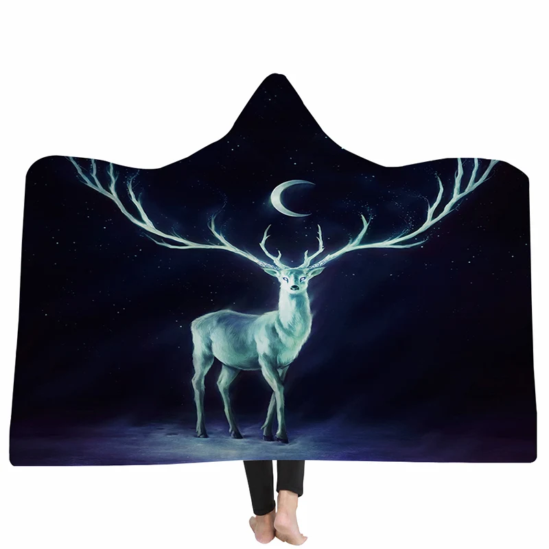 Утепленное двойное плюшевое одеяло с капюшоном супер мягкое 3D принтованное
