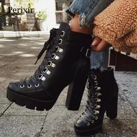 perixir fashion platform ankle boots women 2020 spring autumn black leather 12cm thick heel boots ladies worker womens boots